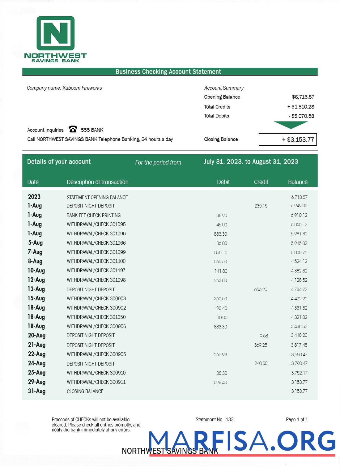 Blank NORTHWEST Savings Bank bank statement real example